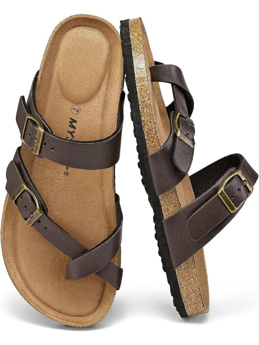 Women's Dark Brown Adjustable Buckle Slide Cork Footbed Slip On Sandal Shoes